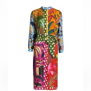 Farm Rio Women's Red Earth Rainbow Long Sleeve Shirtdress Small NWT